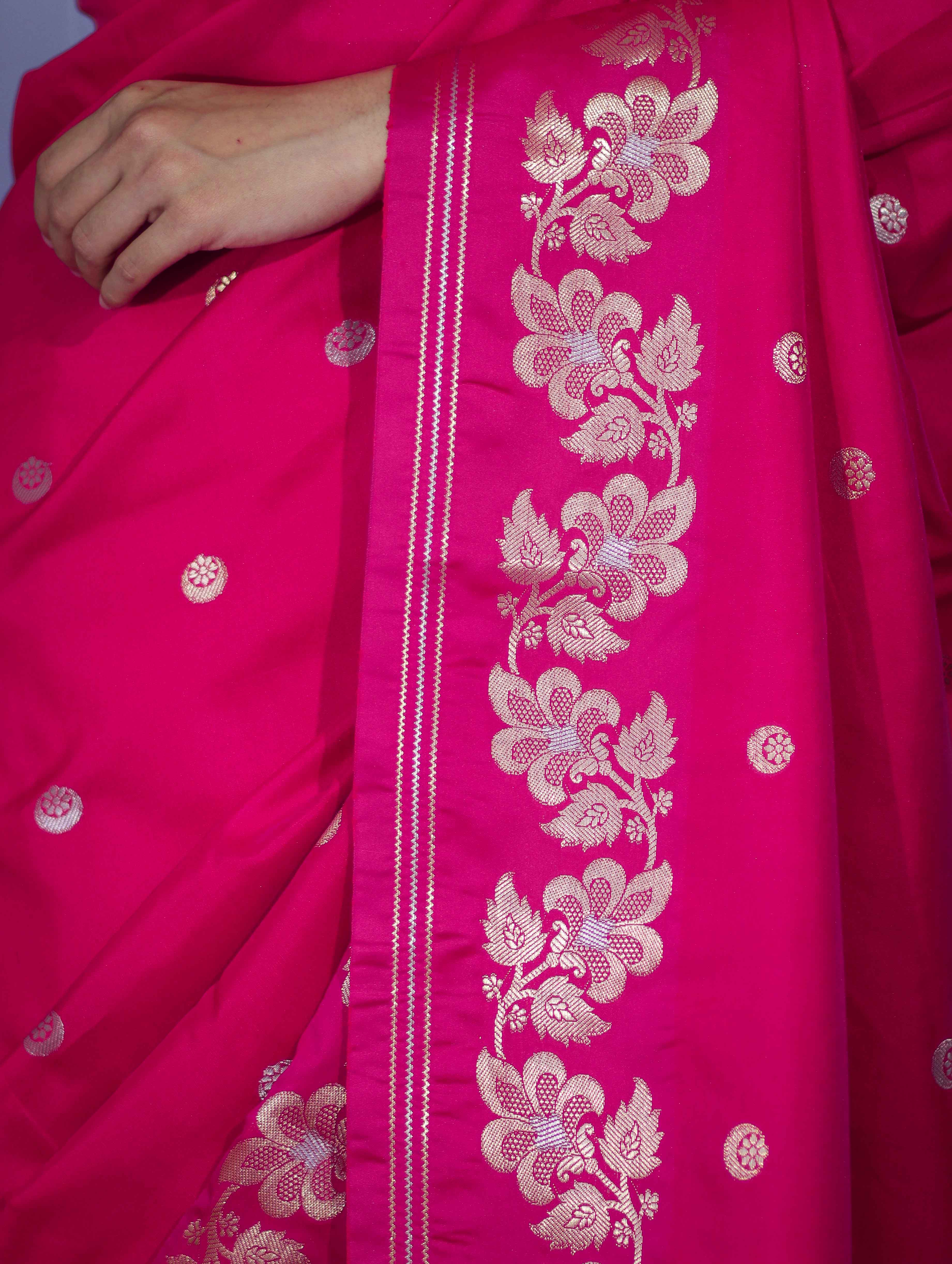 Banarasee Handloom Semi Silk Saree With Sona Rupa Zari Buti Design & Floral Border-Fuchsia Pink