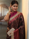 Banarasee Handwoven Semi Silk Saree With Zari Jaal Design Contrast Border & Lace-Black & Magenta