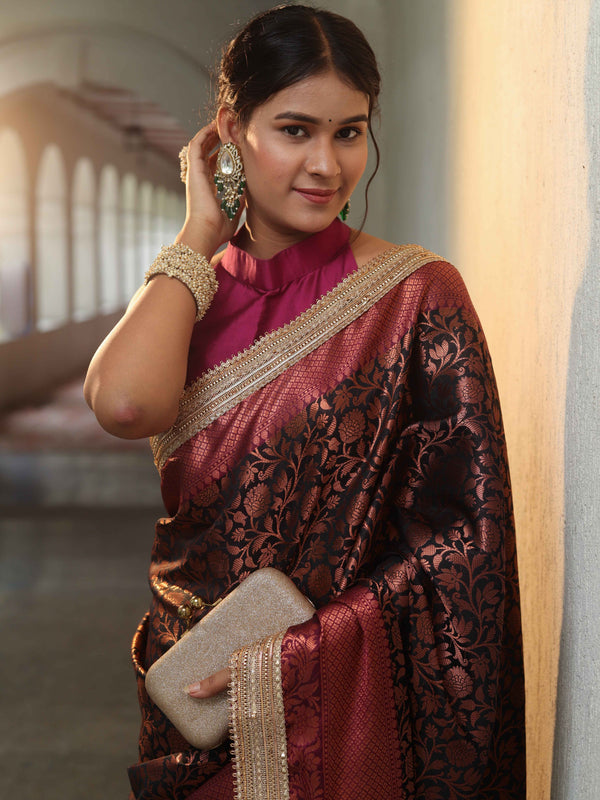Banarasee Handwoven Semi Silk Saree With Zari Jaal Design Contrast Border & Lace-Black & Magenta