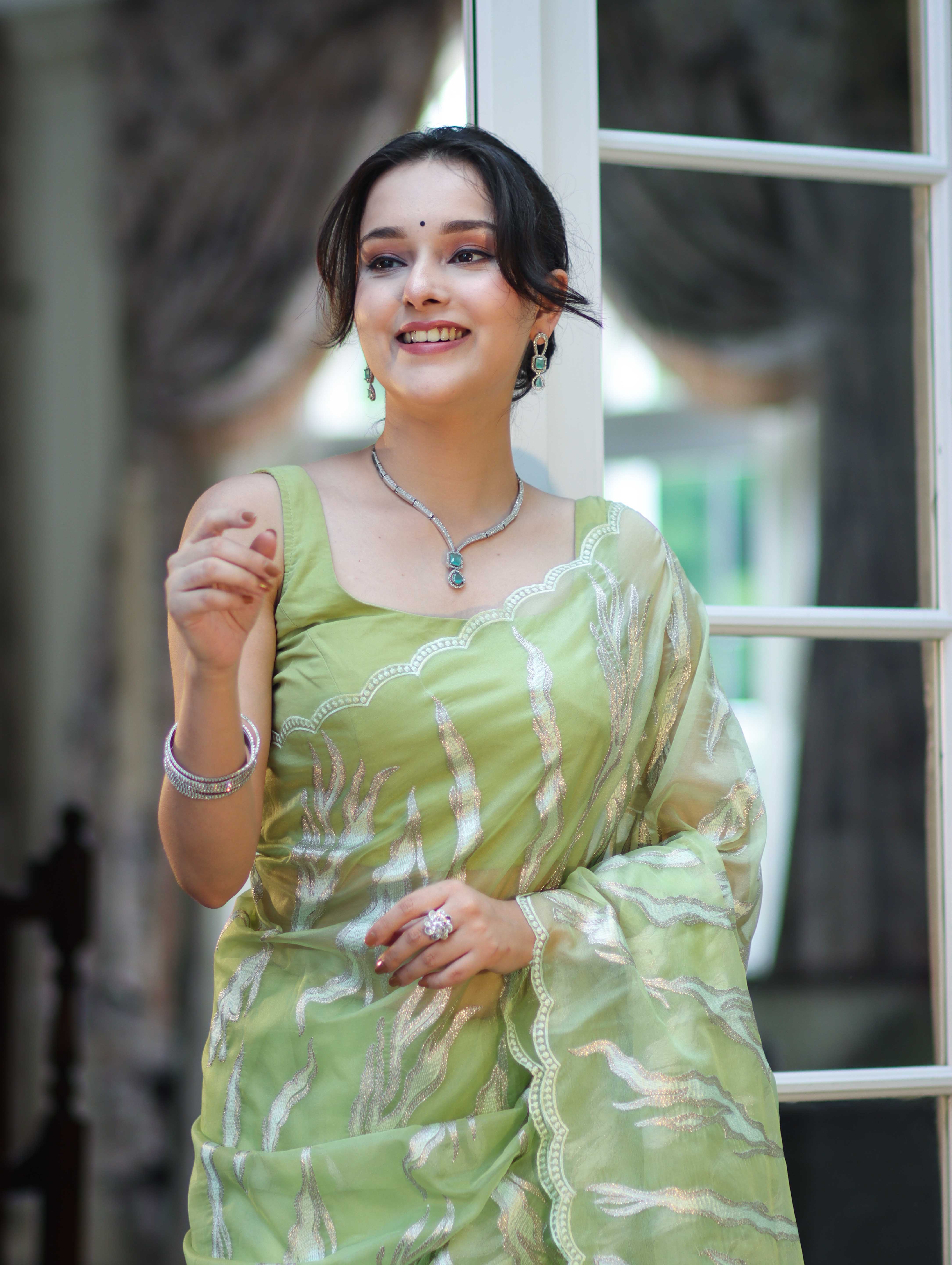 Banarasee Handloom Organza Saree With Resham Zari Work & Scallop Border-Light Green