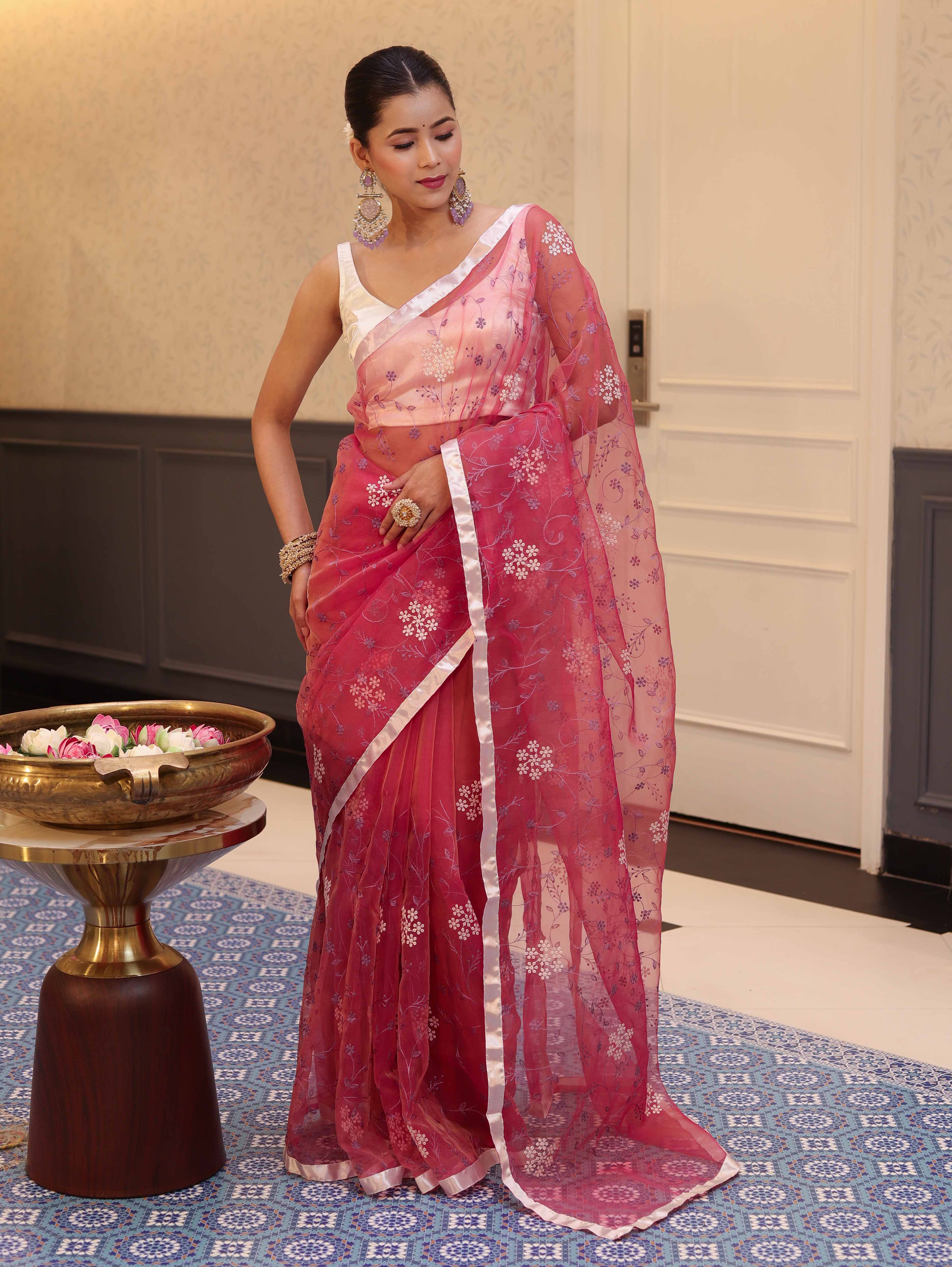 Banarasee Organza Mix Saree With Floral Embroidered Work & Satin Border-Rose Pink