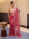 Banarasee Organza Mix Saree With Floral Embroidered Work & Satin Border-Rose Pink