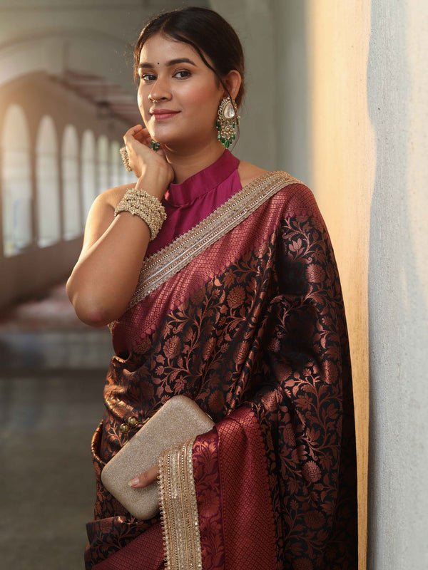 Banarasee Handwoven Semi Silk Saree With Zari Jaal Design Contrast Border & Lace-Black & Magenta