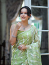 Banarasee Handloom Organza Saree With Resham Zari Work & Scallop Border-Light Green