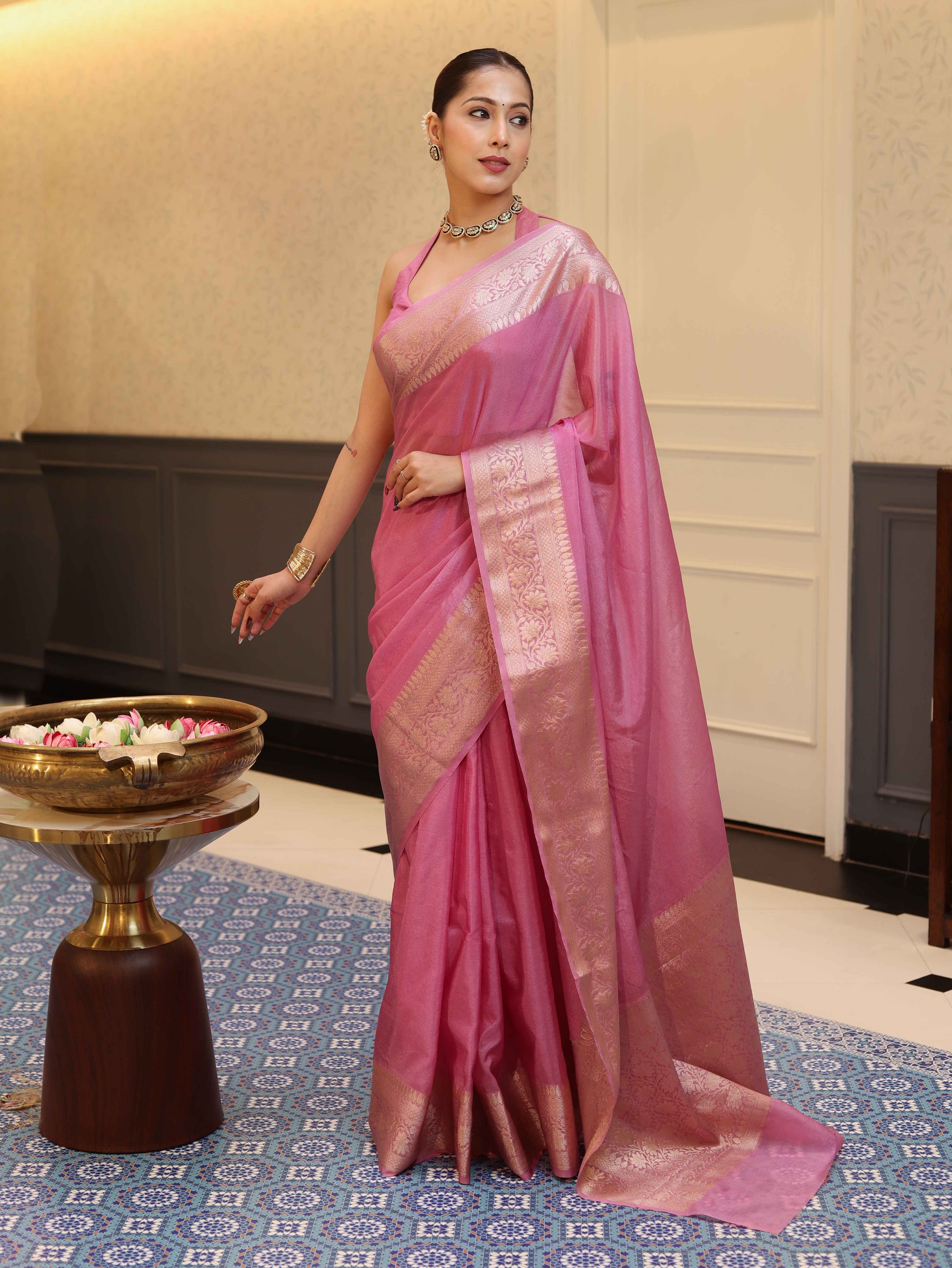 Banarasee Handwoven Plain Tissue Saree With Zari Border-Salmon Pink