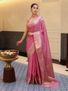 Banarasee Handwoven Plain Tissue Saree With Zari Border-Salmon Pink