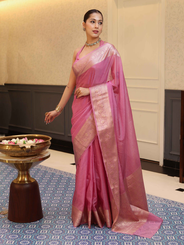 Banarasee Handwoven Plain Tissue Saree With Zari Border-Salmon Pink