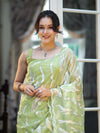 Banarasee Handloom Organza Saree With Resham Zari Work & Scallop Border-Light Green