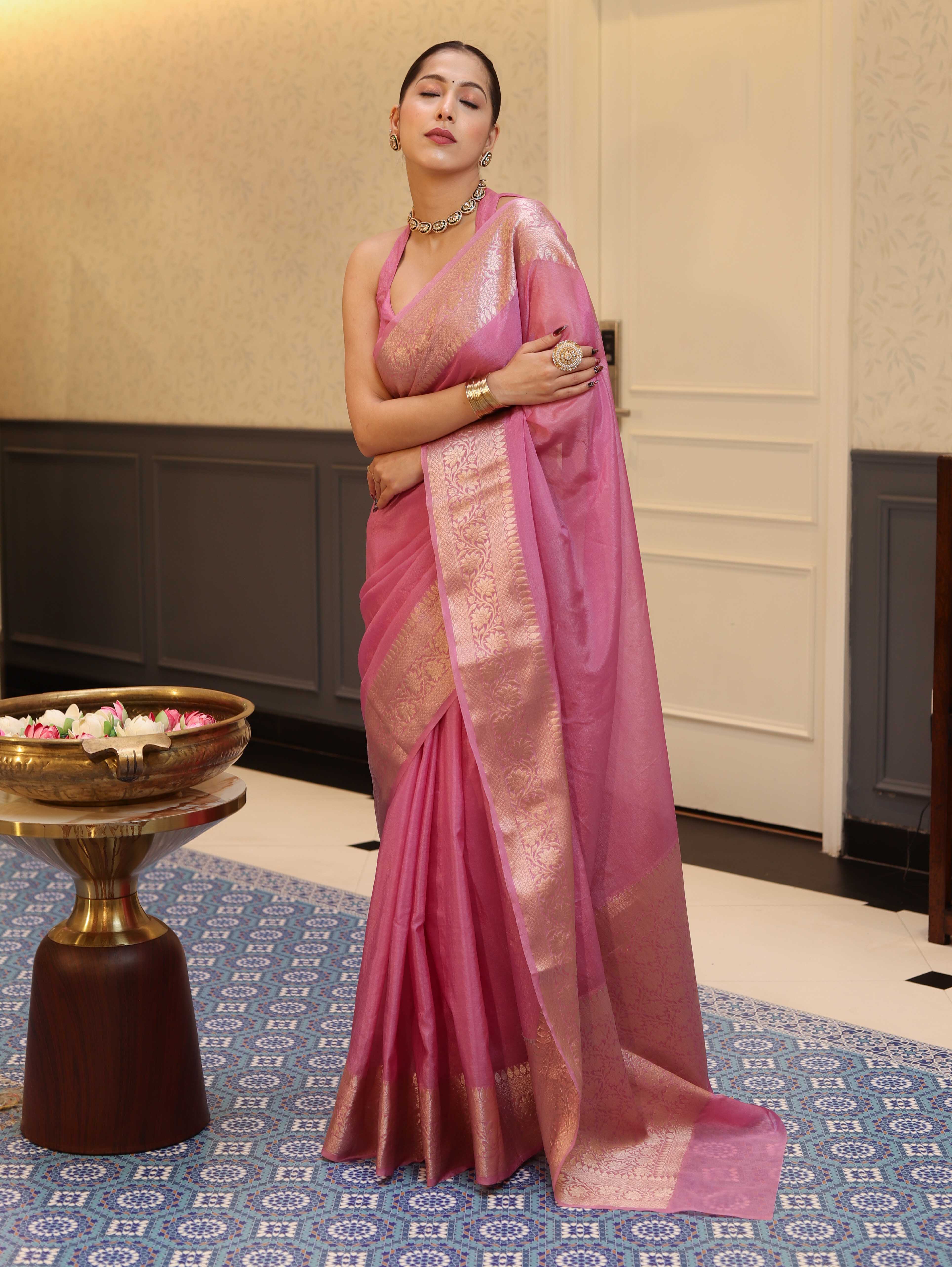 Banarasee Handwoven Plain Tissue Saree With Zari Border-Salmon Pink