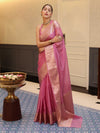 Banarasee Handwoven Plain Tissue Saree With Zari Border-Salmon Pink