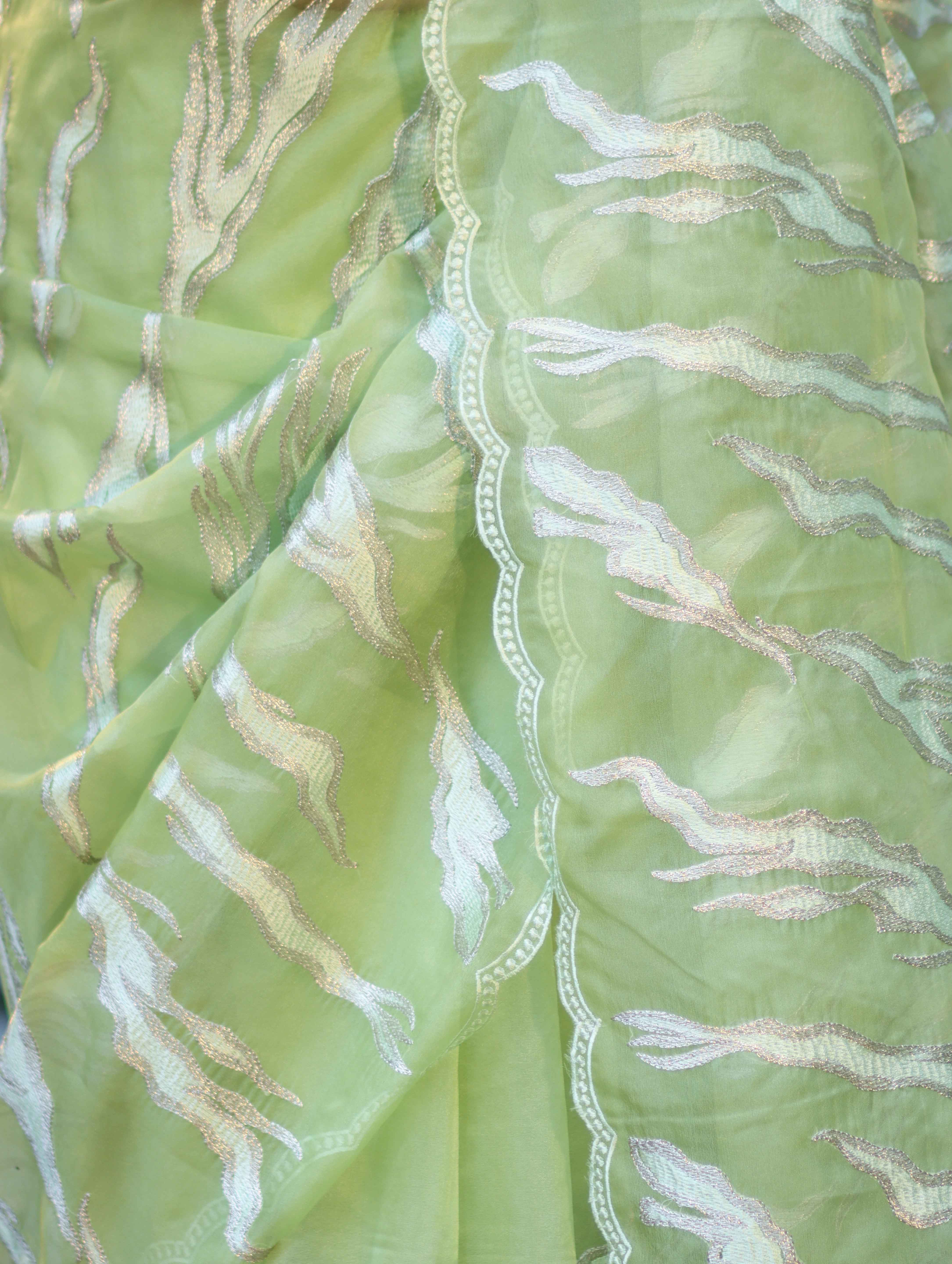 Banarasee Handloom Organza Saree With Resham Zari Work & Scallop Border-Light Green