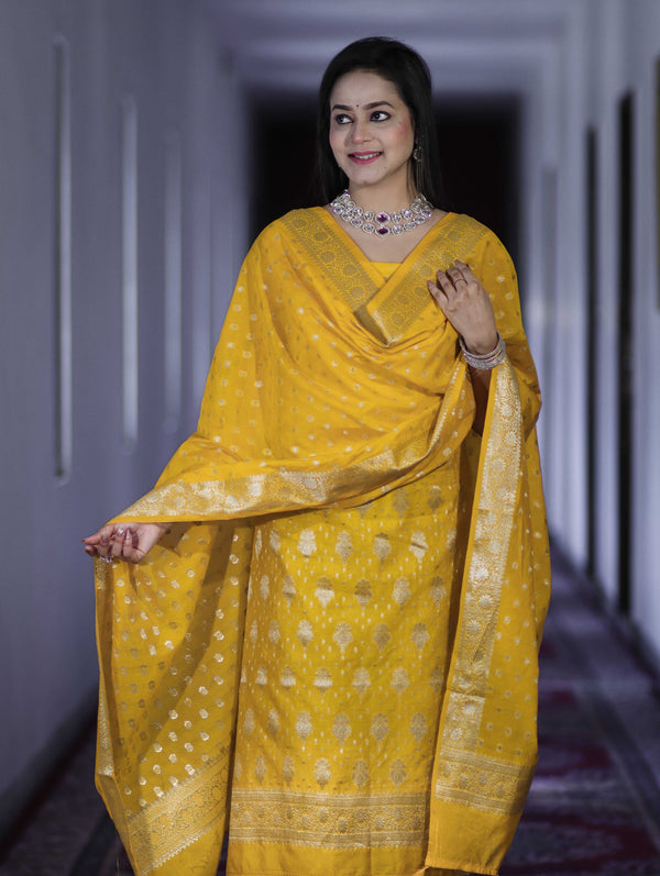 Banarasee Faux Georgette Zari Work Salwar Kameez Fabric With Dupatta Set-Yellow