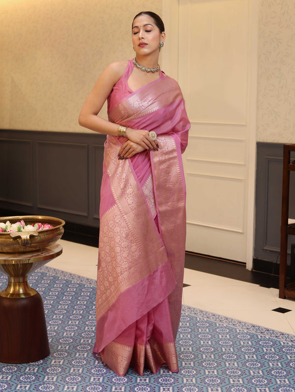 Banarasee Handwoven Plain Tissue Saree With Zari Border-Salmon Pink