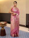 Banarasee Handwoven Plain Tissue Saree With Zari Border-Salmon Pink