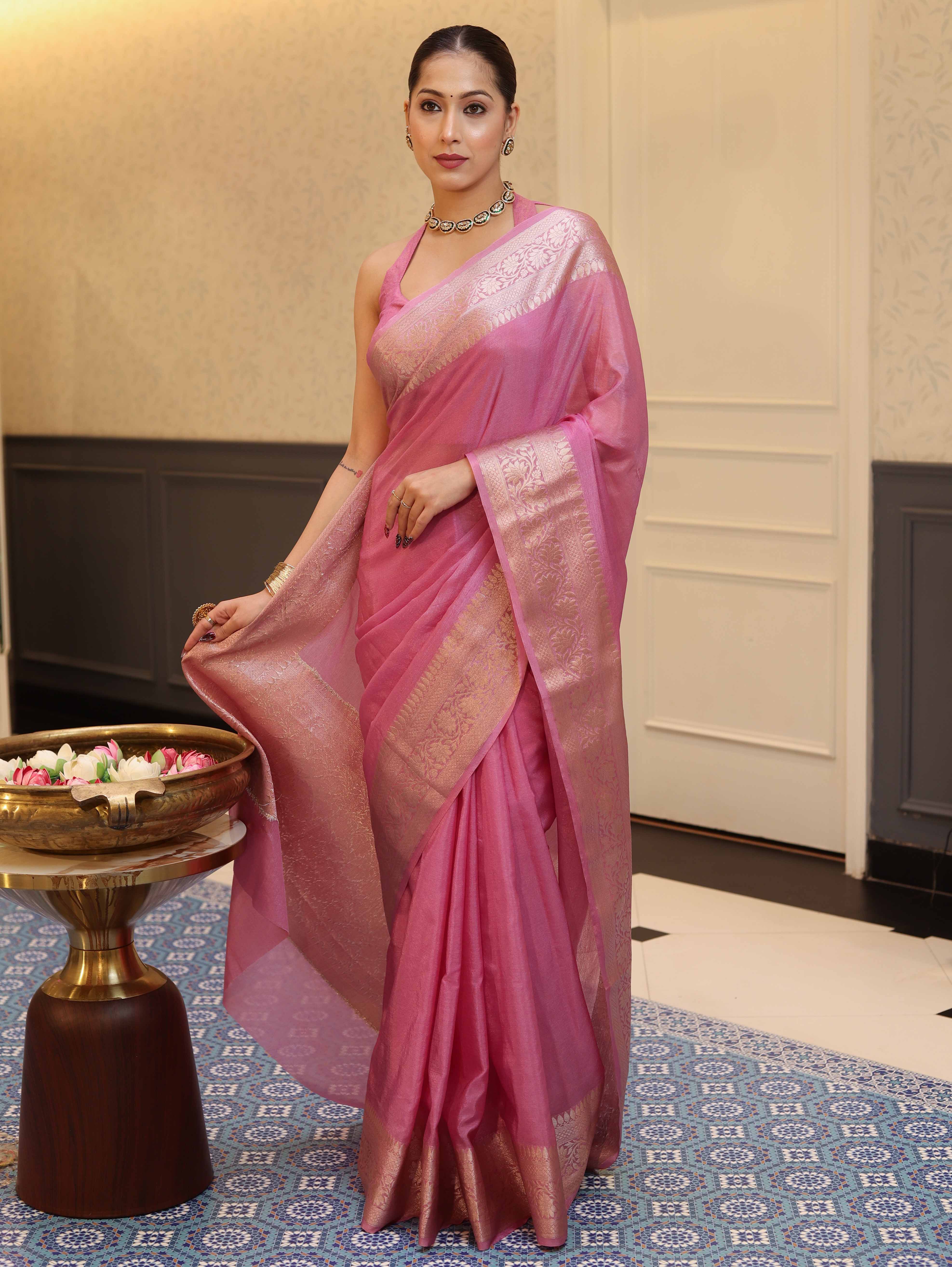 Banarasee Handwoven Plain Tissue Saree With Zari Border-Salmon Pink