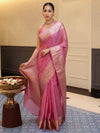 Banarasee Handwoven Plain Tissue Saree With Zari Border-Salmon Pink