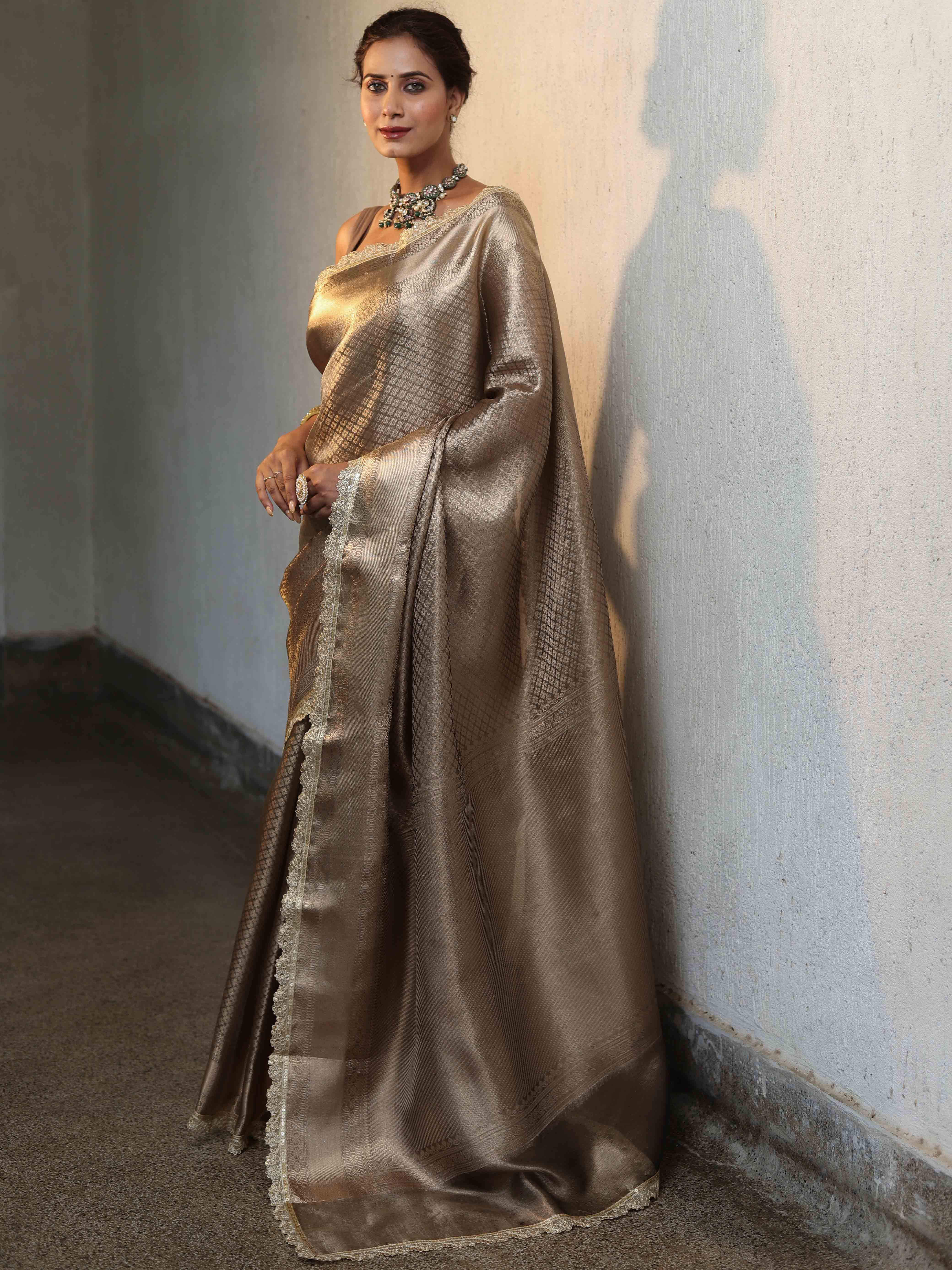 Banarasee Handwoven Tissue Saree With Buti Design Tanchoi Border & Lace-Dark Beige