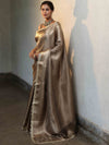 Banarasee Handwoven Tissue Saree With Buti Design Tanchoi Border & Lace-Dark Beige