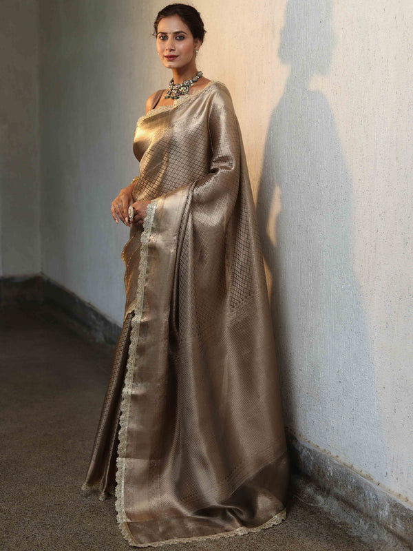 Banarasee Handwoven Tissue Saree With Buti Design Tanchoi Border & Lace-Dark Beige