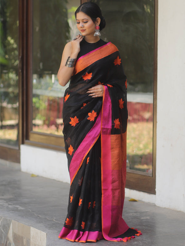 Bhagalpur Handloom Linen Saree With Embroidered Buta Design-Black