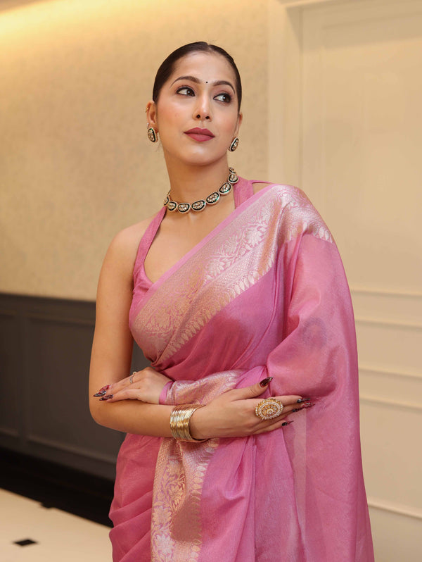 Banarasee Handwoven Plain Tissue Saree With Zari Border-Salmon Pink