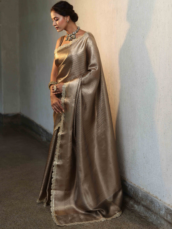 Banarasee Handwoven Tissue Saree With Buti Design Tanchoi Border & Lace-Dark Beige