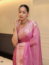 Banarasee Handwoven Plain Tissue Saree With Zari Border-Salmon Pink