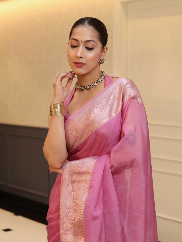 Banarasee Handwoven Plain Tissue Saree With Zari Border-Salmon Pink