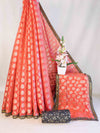 Banarasee Handloom Chanderi Cotton Saree With Buta Besign & Lace-Peachy Pink