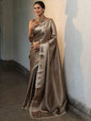 Banarasee Handwoven Tissue Saree With Buti Design Tanchoi Border & Lace-Dark Beige