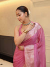 Banarasee Handwoven Plain Tissue Saree With Zari Border-Salmon Pink
