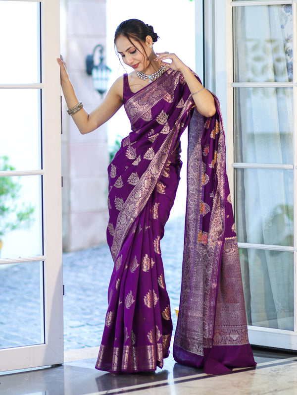 Banarasee Handloom Pure Chiniya Silk Saree With Zari Work-Violet