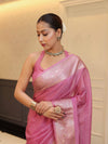 Banarasee Handwoven Plain Tissue Saree With Zari Border-Salmon Pink
