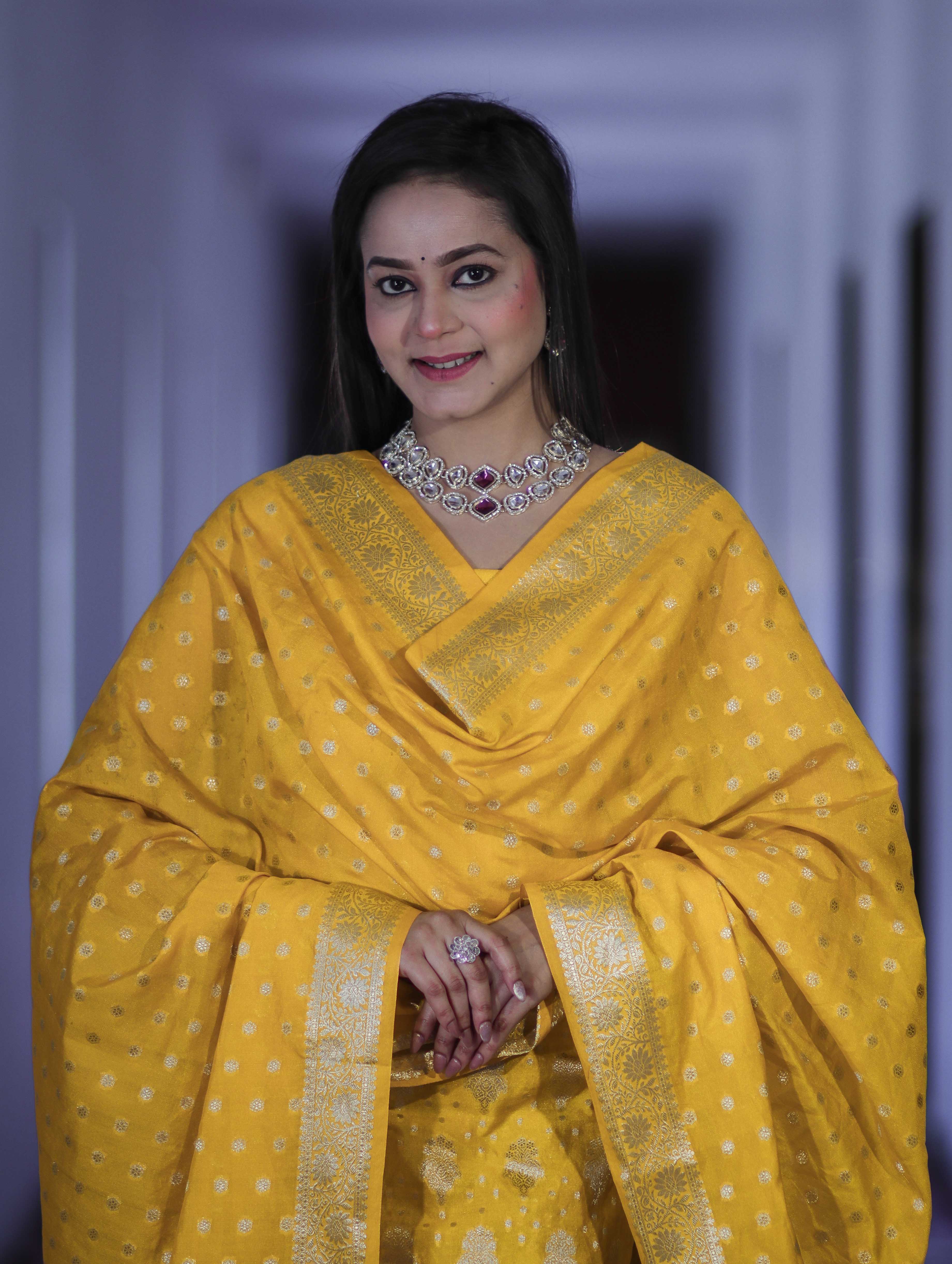 Banarasee Faux Georgette Zari Work Salwar Kameez Fabric With Dupatta Set-Yellow