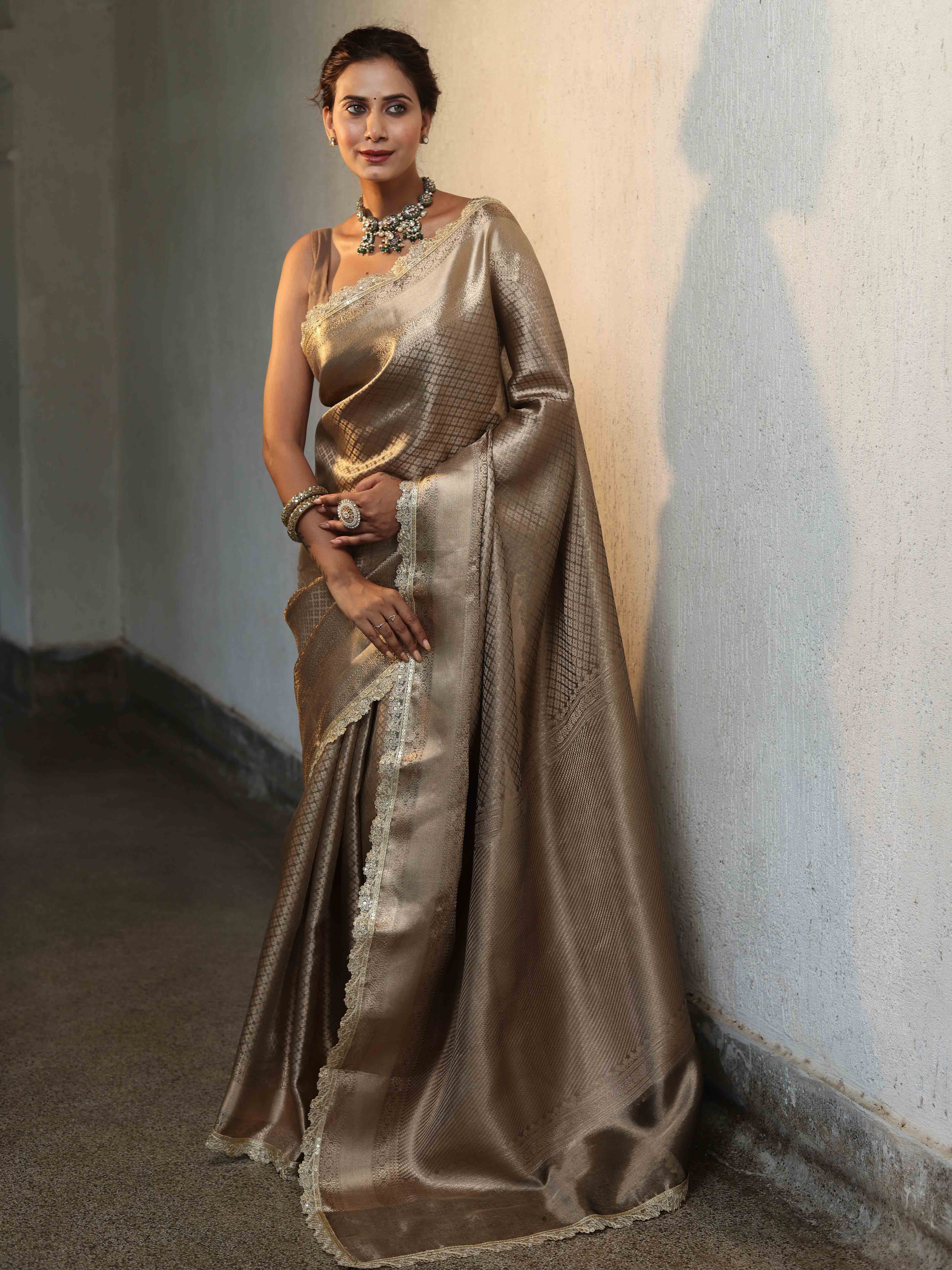 Banarasee Handwoven Tissue Saree With Buti Design Tanchoi Border & Lace-Dark Beige
