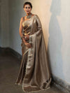 Banarasee Handwoven Tissue Saree With Buti Design Tanchoi Border & Lace-Dark Beige