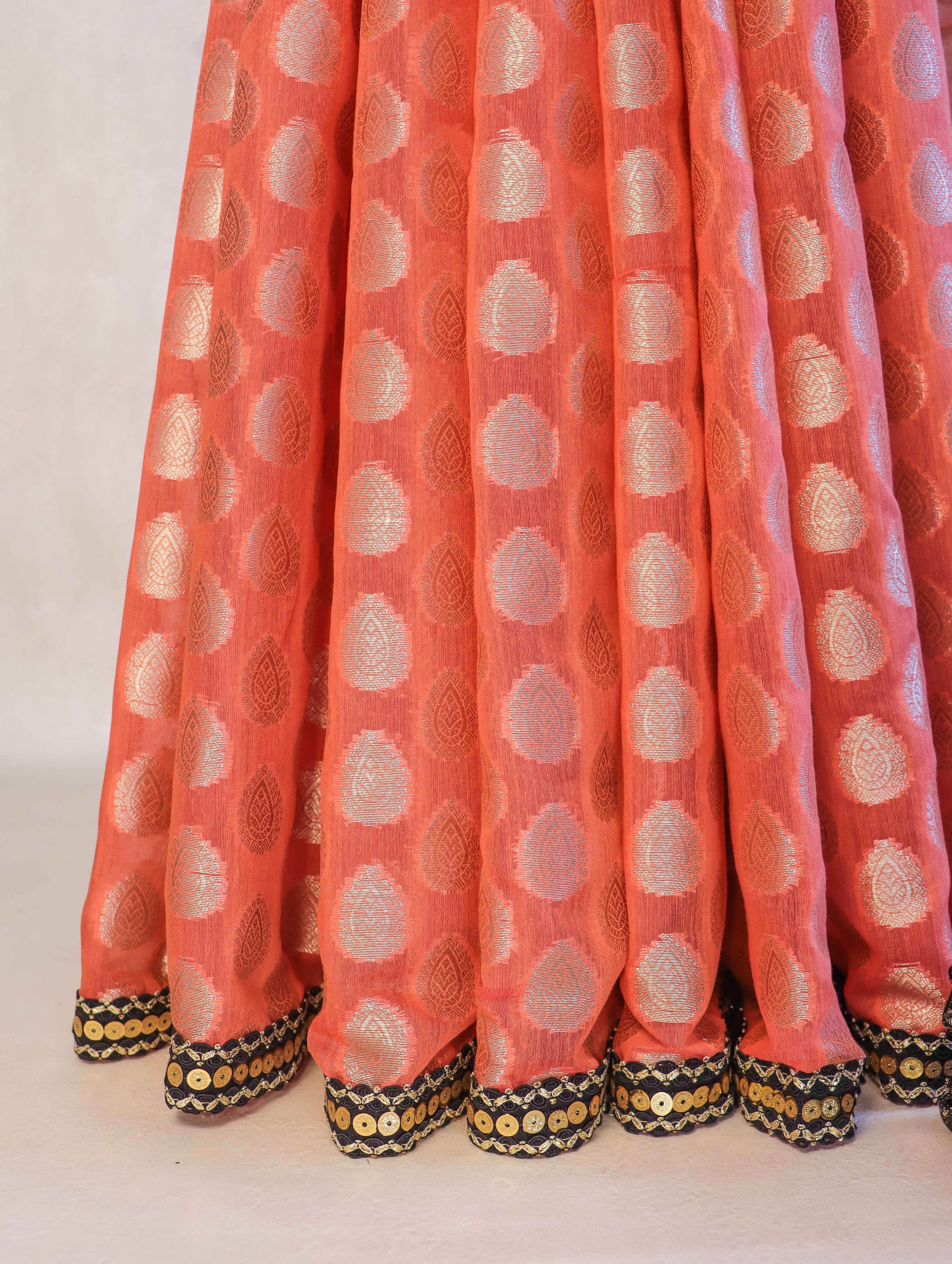 Banarasee Handloom Chanderi Cotton Saree With Buta Besign & Lace-Peachy Pink