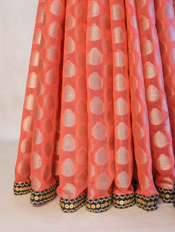 Banarasee Handloom Chanderi Cotton Saree With Buta Besign & Lace-Peachy Pink