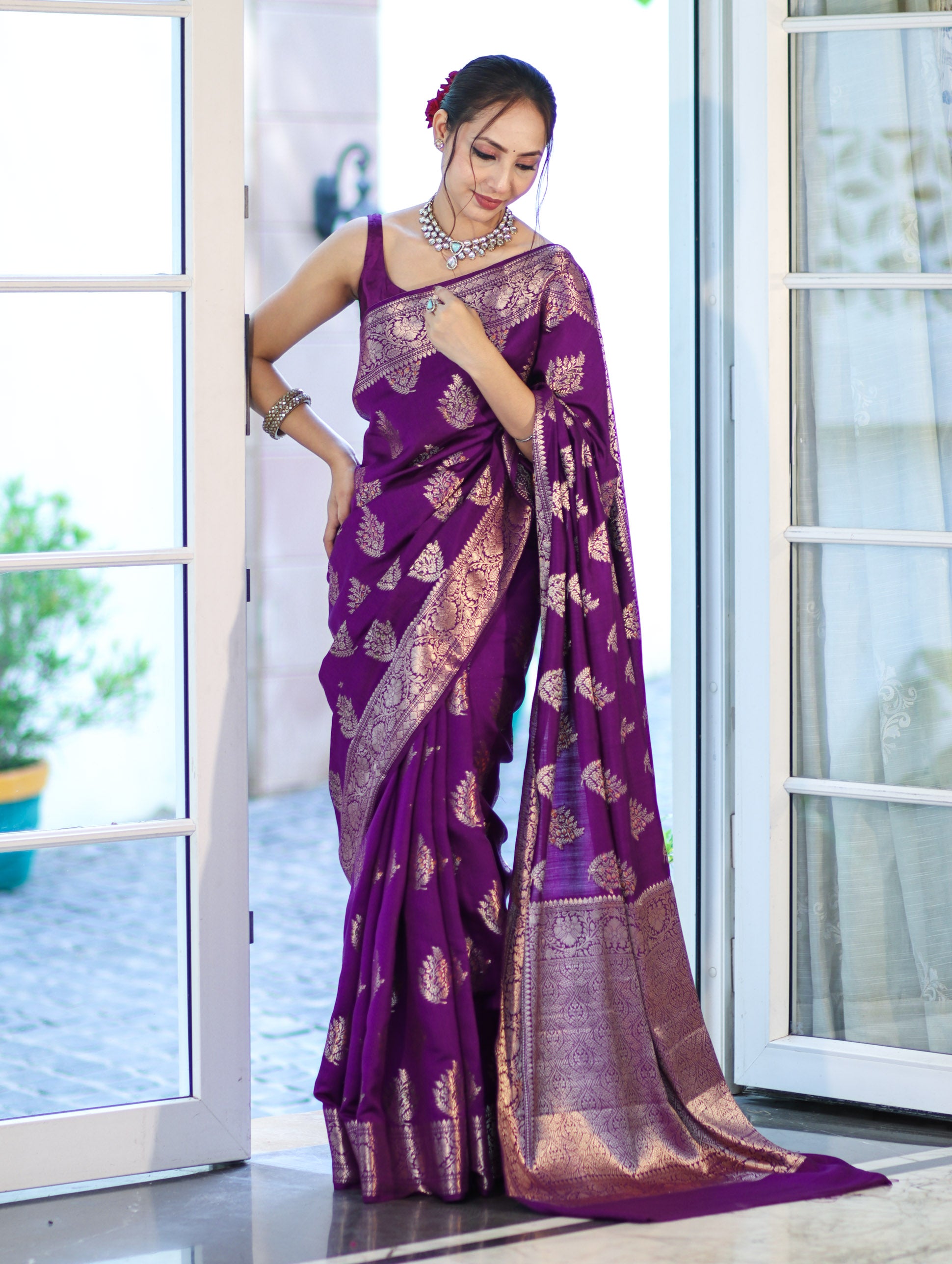 Banarasee Handloom Pure Chiniya Silk Saree With Zari Work-Violet