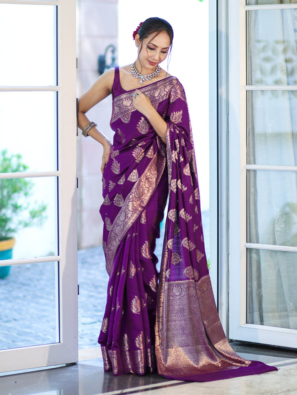 Banarasee Handloom Pure Chiniya Silk Saree With Zari Work-Violet