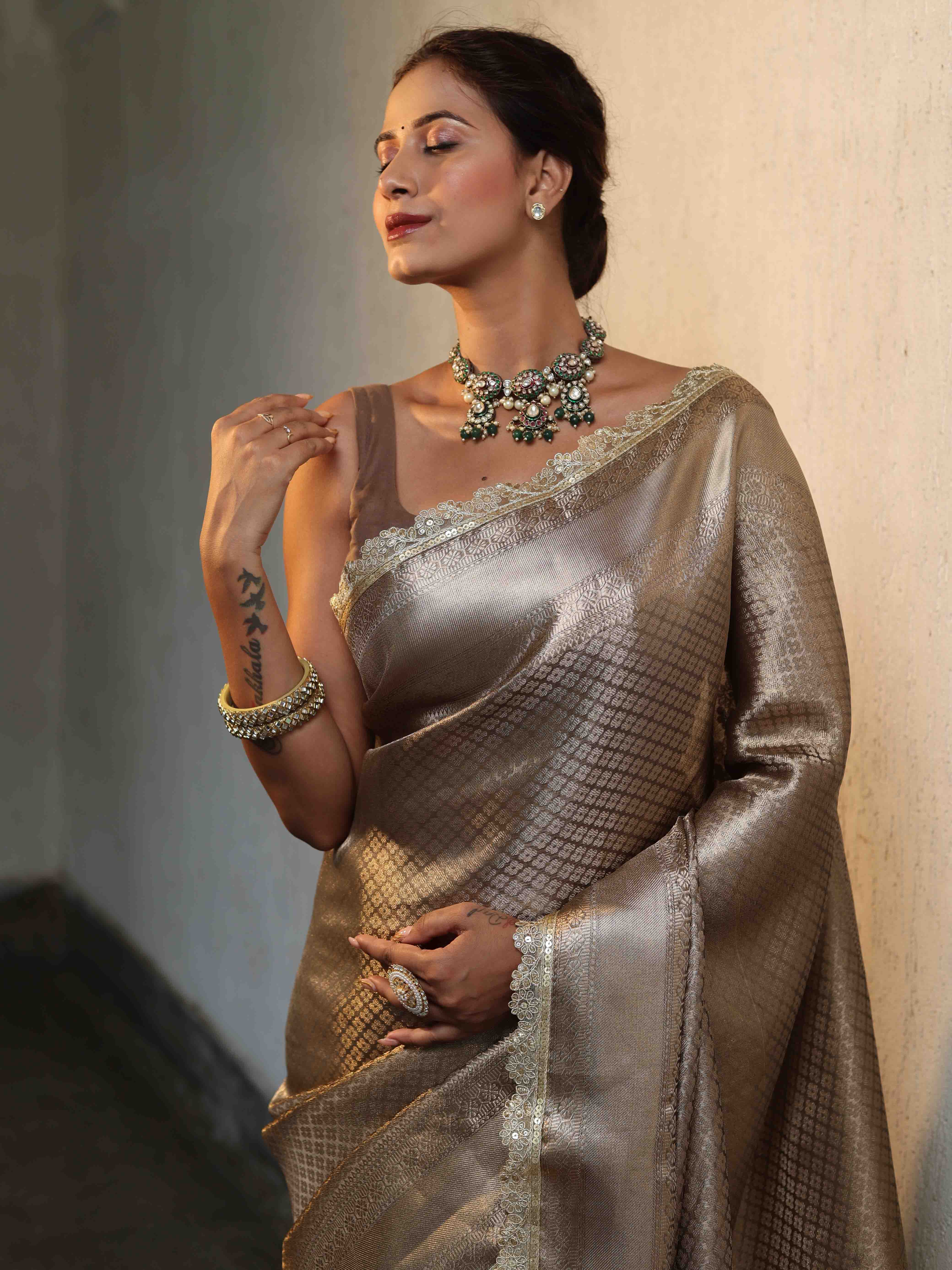 Banarasee Handwoven Tissue Saree With Buti Design Tanchoi Border & Lace-Dark Beige