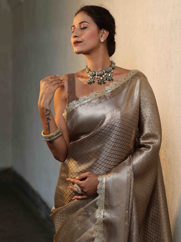 Banarasee Handwoven Tissue Saree With Buti Design Tanchoi Border & Lace-Dark Beige