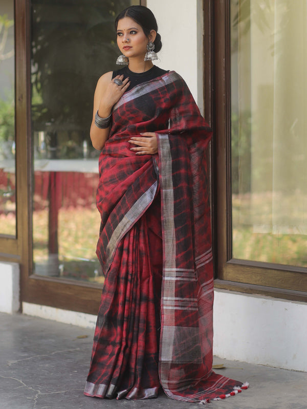 Bhagalpur Handloom Shibori Dyed Linen Saree-Maroon & Black