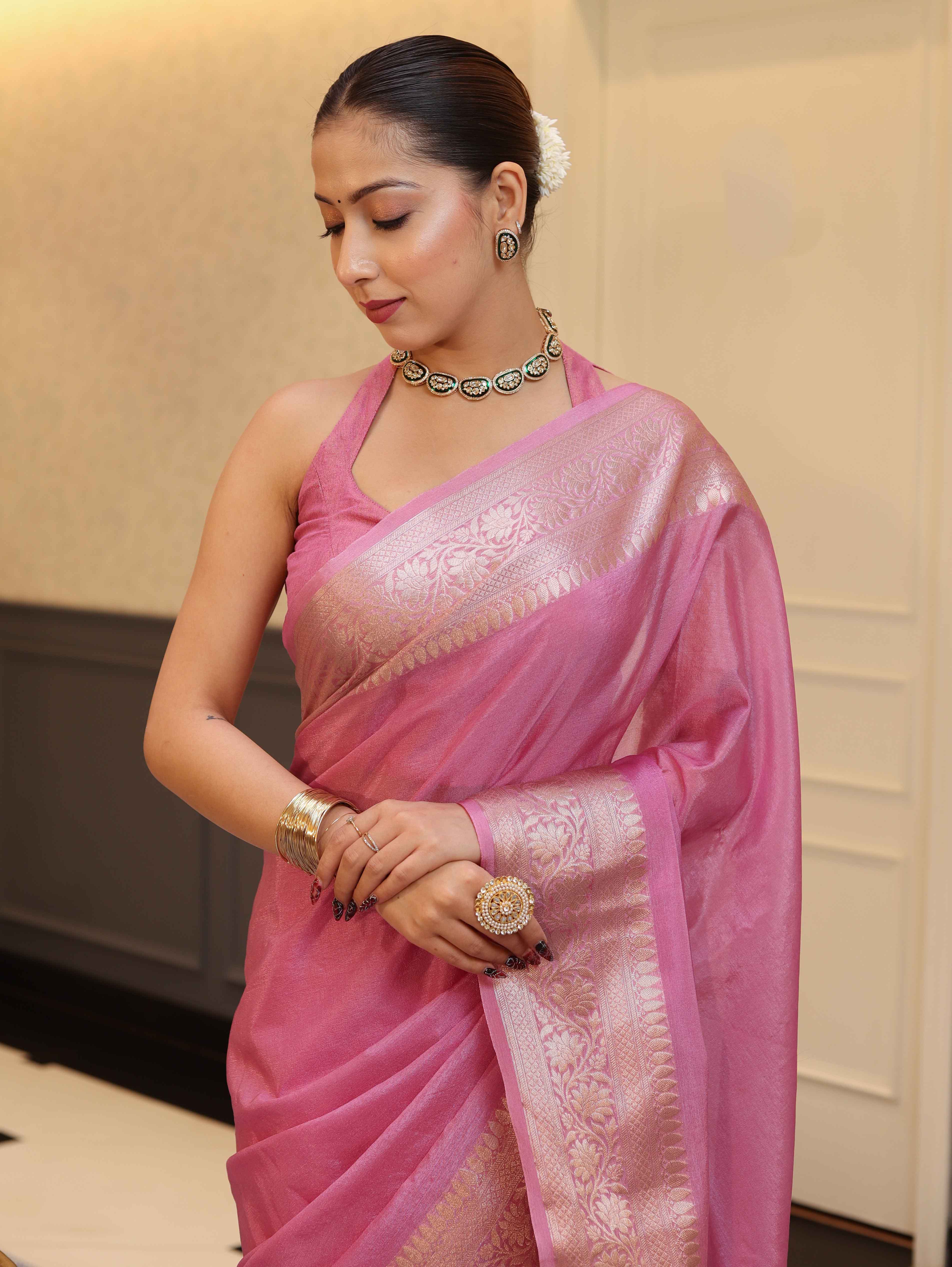 Banarasee Handwoven Plain Tissue Saree With Zari Border-Salmon Pink