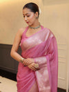 Banarasee Handwoven Plain Tissue Saree With Zari Border-Salmon Pink