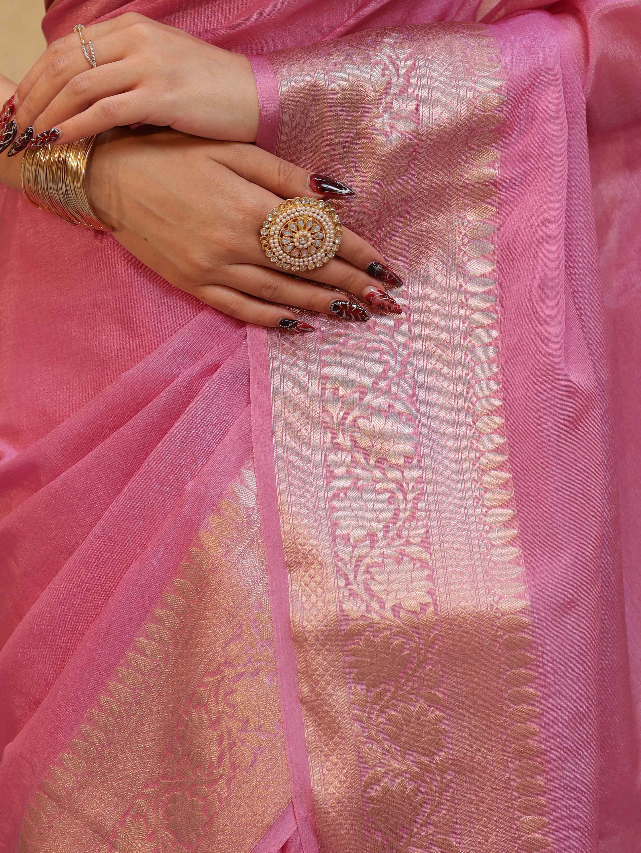 Banarasee Handwoven Plain Tissue Saree With Zari Border-Salmon Pink