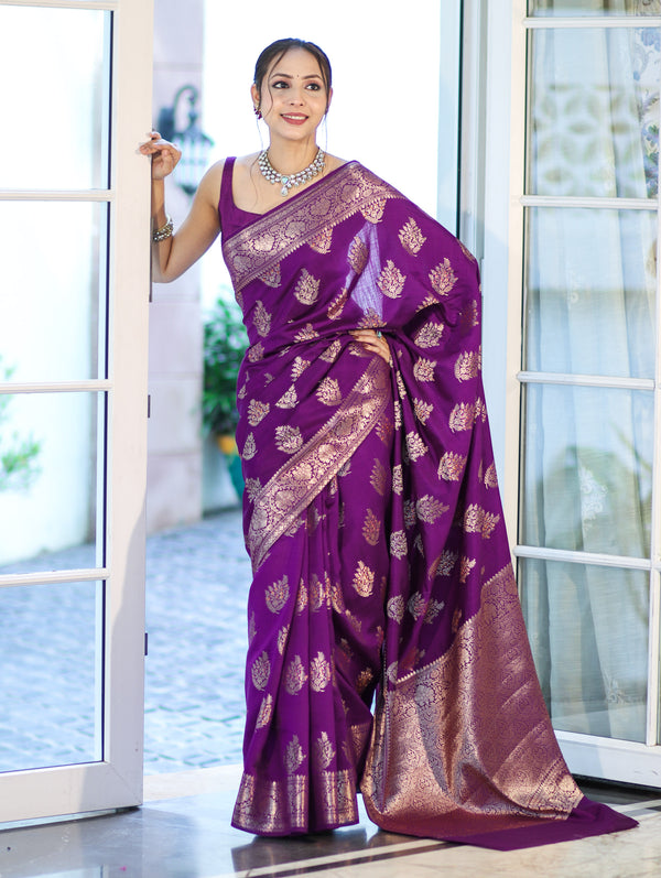 Banarasee Handloom Pure Chiniya Silk Saree With Zari Work-Violet