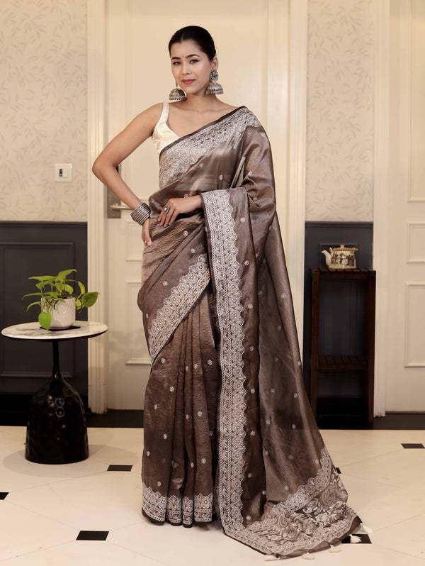 Banarasee Handwoven Crushed Tissue Saree With Chikankari Work-Dark Brown