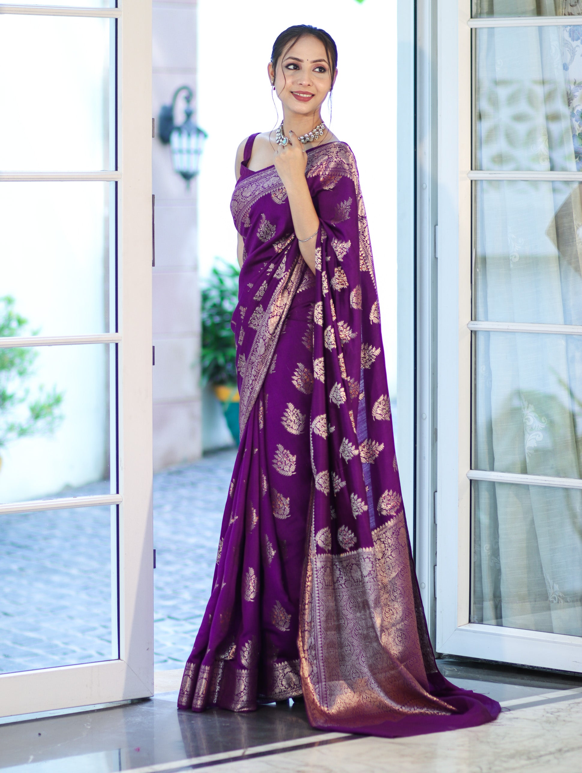 Banarasee Handloom Pure Chiniya Silk Saree With Zari Work-Violet
