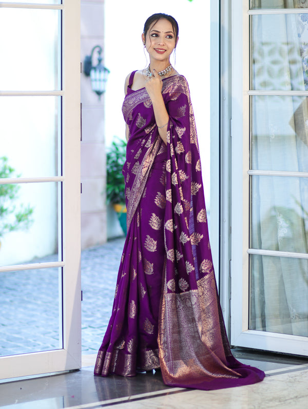 Banarasee Handloom Pure Chiniya Silk Saree With Zari Work-Violet